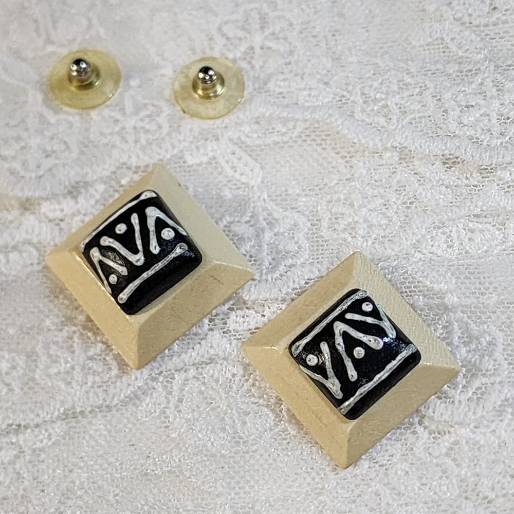 Boho Tribal Chunky Black, White and Cream Pierced Earrings
